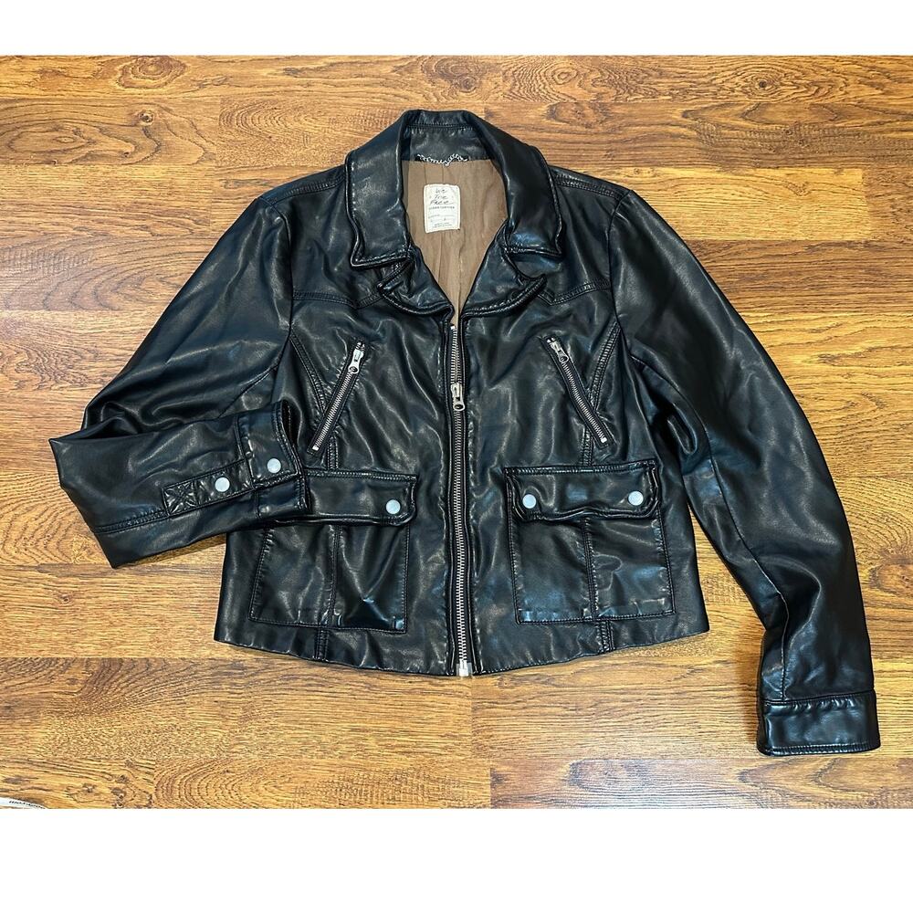 Free People We The Free Open Road Cropped Vegan Leather Biker Jacket Black Large